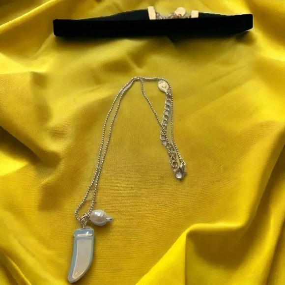 Black Velvet Ribbon Choker & Gold Plated Clear Pendant Necklace - Picture 2 of 2